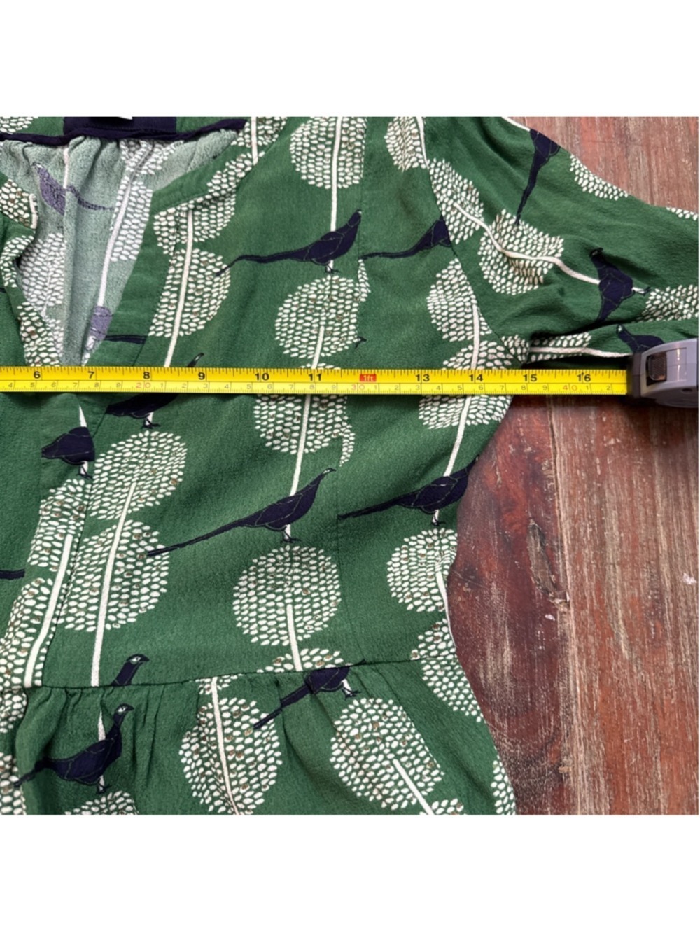 Maeve Anthropologie Green Pheasant Bird Print Dress Pockets Navy Gold S HTF - Picture 10 of 15